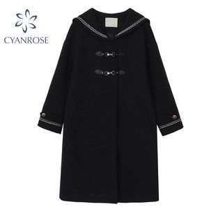 Mörk Vintage Vinter Woolen Coat Kvinnor Sailor Collar Två Chic Knapp Koreansk Preppy Style Jacka Trench Kvinna Lös Overcoat Lady 210417