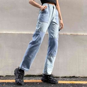 Moda Patchwork Wysoka Talia Proste Spodnie Kobieta Dżinsy Jesień Harajuku Pełna długość Niebieski Denim Y2K Spodnie Streetwear Spodnie 210510