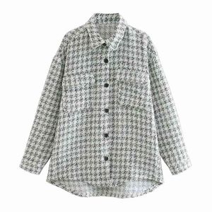 Kvinnor Vintage Houndstooth Plaid Woolen Coat Femme Långärmad Dubbelfickor Patch Casual Jacket Chic Toppar 210520