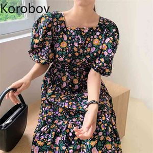 KOOBOV COREAN CHIC Buff Manga Quadrado Collar Mulheres Vestido Vintage Verão A-Linha Impressão Vestidos Alta Cintura Doce Robe Femme 210430