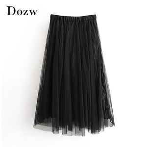 Women Elegant Lace Mesh Pleated Skirt Fashion Elastic Waist Chic Midi s Ladies Casual Black Long Faldas De Mujer 210515