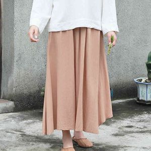 Johnature Women Elastic Waist Pleated Skirts Khaki Autumn Cotton Linen Women Casual Skirts 210521