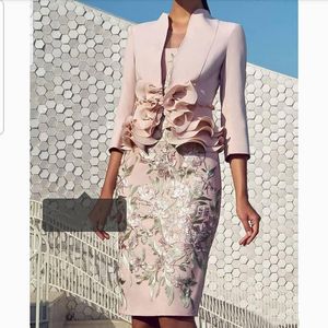 Pale Pink Mother Of the Bride Dresses with 3/4 Long Sleeve Lace Ruffles Knee-length Women Formal Party Wedding Guest Dress