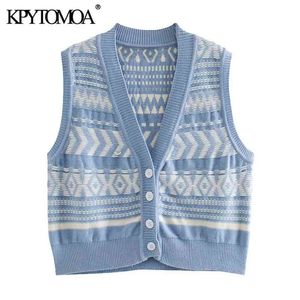 Kvinnor Mode Geometrisk Mönster Stickad Vest Sweater V Nacke Ärmlös Kvinnlig Waistcoat Chic Toppar 210420