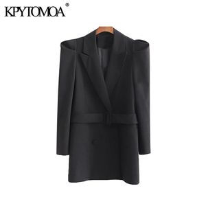 Elegante Escritório Desgaste Dupla Breasted Blazer Casaco Mulheres Moda Longa Buff Manga Com Cinto Mulher Outerwear Chique Tops 210420