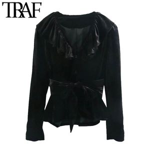 Women Fashion With Belt Ruffled Velvet Blazer Coat Vintage V Neck Long Sleeve Female Outerwear Chic Tops 210507