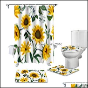 Cortinas Aessórios Home Gardenesellow Girassol White Banheiro antiderrapante Durável Durável Duche Duche Cortina Set Tapete Tamborete ER Banheira Esteira Ru