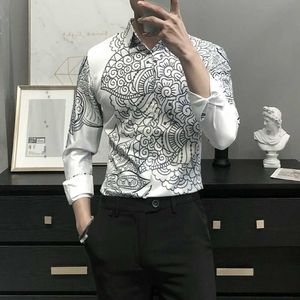 Tasarım Baskı Gömlek Erkekler Slim Fit Streetwear Gömlek Uzun Kollu Iş Örgün Elbise Sosyal Parti Smokin Camisa Masculina 210527