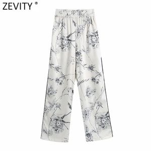 Women Vintage Ink Flower Print Wide Leg Pants Pajama Female Chic Elastic Waist Pockets Casual Long Trousers P982 210416