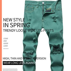 Alta Qualidade Novo Mens Jeans Tubo Reto Solto Verde Calças Casuais Moda