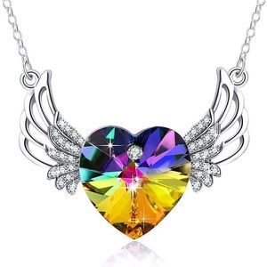 Kedjor Silver Angel Wing Heart Necklace Kristaller för Kvinnor Tjej Guardian Pendant Dainty Smycken