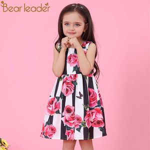Bear líder meninas vestido estilo primavera marca princesa vestidos europeu e americano estilo flores impressão crianças roupas 210708