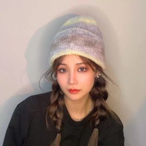 Beanie/Skull Caps Bonnets Women Hat Rainbow Thick Tie-dye Kpop Winter Gradient Color Woolen Women's Warm Ear Protection Cold Cap