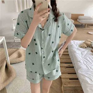 Soft Sleepwear Plaid Femme Home Chic Summer Girls Loose Short Sleeves Sets Cotton Pajamas Two Piece Suits 210525