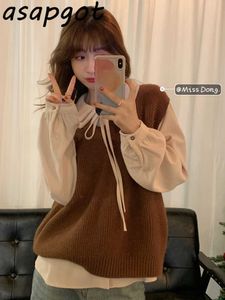 Vintage Fashion Sets Chic Korean Lae Up Puff Long Sleeve Peter Pan Collar Blouse Women + Solid Sweater Vest Tops Sweet Student 210610