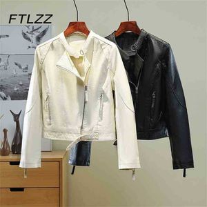Kvinnor Casual Faux Leather Jacket Mode Långärmad Vår Höst Korta Kakor Ladies Slim Black White PU Outwear 210525