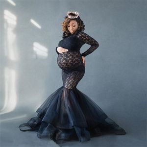 Svart Sexig Maternity Klänningar för Po Shoot Lace Mesh Maxi Klänning Lång Gravid Kvinnor Fancy Graviditet Klänning POGGE PROPS 210721