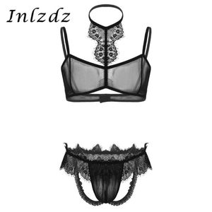 Mens sissy underkläder set se genom ren mesh spets trim halter neck bh topp med öppna bujockstrap briefs sex underkläder bras set