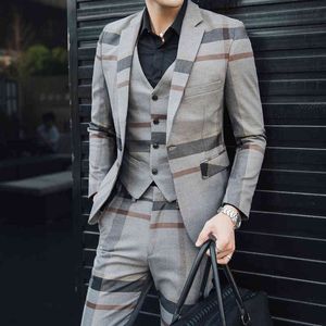 5XL Formal Dress Grey Wool Suits Mens Vintage Plaid 3 Piece Heren Kostuums Delig Trajes Formales De Hombre