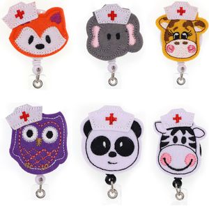 Fashion Key Rings Animal Fox Panda Elephant Cow Owl Nurse Retractable Holiday Felt ID Badge Holder Reel With Alligator Clip For Gift