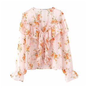 Sexy em V-pescoço de V Mulher Chiffon Blusa Camisa Ruffled Manga Longa Tops Femininas Vintage Impressão Floral Boémia Senhoras 210430