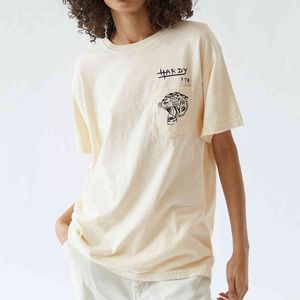 Jastie Animal Graphics Pocket Tee Shirt Col rond Manches courtes Été Y2K Casual Femme T-shirts Coton Boho Chemises Top 210419