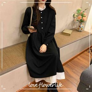 Preto Vestido Vintage Mulheres Manga Longa Retalhos Francês Vestido Retro Feminino Vestido Gótico Coreano Outono Escritório Senhora 210521