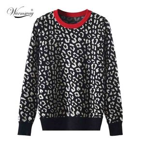 Sonbahar Kış Kadın Kazak Leopar Örme Kazaklar Uzun Kollu Kontrast Renk Crewneck Süveter Sweter Mujer C- 026 210922