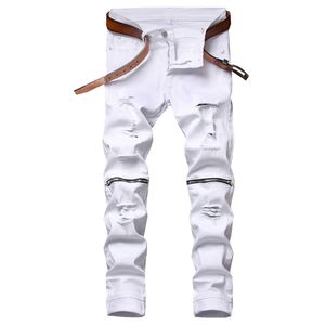2021 Fashion Ripped Stretch White Men's Jeans Knee Zipper Slim Trendy Byxor Casual Biker Outwears För Man Pantalons Pour Hommes