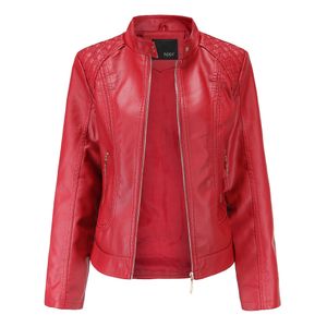 レザージャケットの女性ジッパー春秋の女性のPUマンダリン襟赤いモーターバイクコート女性特大