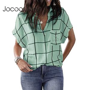 Jocoo Jolee Women Leisure Short Batwing Sleeve Plaid Loose Blouses and Shirts Summer Office Lady Oversized Tops Casual Tunics 210619