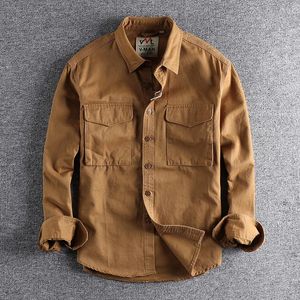 Men's Casual Shirts Cargo Shirt For Men Long Sleeve Premium Cotton Solid Color Washing Lapel Youth Japan Style Simple Handsome Boyfriend Clo