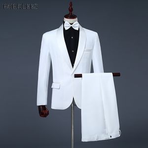 Mens Shawl Collar One Button 3pcs Tuxedo Suits (Jacket+Pants+Bowtie) Brand Slim Wedding Party Host Stage Terno Masculino White 210522