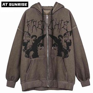 Hombres Hip Hop Streetwear Chaqueta con capucha Angel Dark Print Chaqueta Abrigo Harajuku Algodón Fleece Otoño Invierno Chaqueta Outwear Cremallera 210818