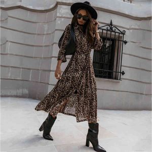 Leopardプリントロングスリットドレスプラスサイズの女性春秋ビッグサイズマキシカジュアルドレスビンテージドレス210415