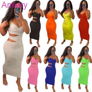 9 Colors Women Bodycon Dresses Summer Fashion Hollow Out Split Layer Suspender Cotton Dress Solid Color Sleeveless Vest Skirt Club Party Outfits