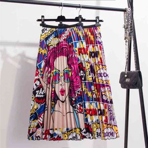 Summer Streetwear Character Printing Cartoon Pattern Letter Empire High Elastic Women Holiday Expansion Pleated Mid Skirt 210416