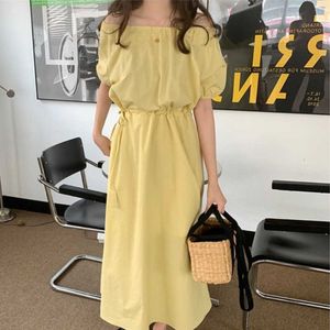 Fransk stil citron gul slash neck puff mose silm klänningar för kvinnor sommar kawaii frisk temperament lång 210525