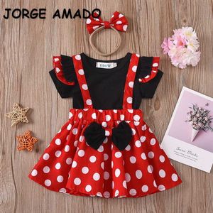 Sommarkläder Baby Girl 3-Piece Sets Kortärmad T-shirt + Polka Dot Floral Suspender Kjol + Hårband Kids Outfits E57 210610