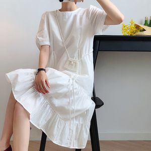Summer Drawstring super fada elegante francês longo vestido mulheres o pescoço manga curta branco plissado moda vestido senhoras 210520