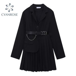 春と秋のファッションカジュアルブレザードレスのデザインセンス女性長袖プリーツブラックスモールスーツコート