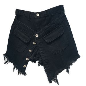 [EWQ] Hoch taillierte, rohe, zerrissene Jeans, gefälschte zweiteilige Hose, All-Match-Shorts aus blauem Denim mit weitem Bein, Paty Jeans, Sommerneu 210423