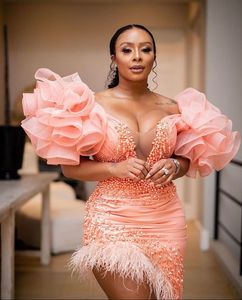 2021 Plus Size Arabic Aso Ebi Pink Stylish Luxurious Prom Dresses Pearls Sheath Feather Evening Formal Party Second Reception Gowns ZJ536