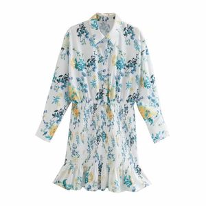 Autumnl Women Elegant Vintage Flounced Hem Dress Long Sleeve Flower Print White Mini Front Buttons Pleated Waist es 210524