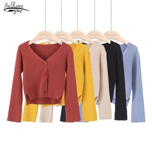 Wyciągnij femme koreański styl v-neck z długim rękawem krótki sweter kobiety damskie dzianiny wcześnie jesień kardigan kobiece 11036 210521