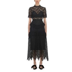 Vestido de autorretrato de alta calidad Runway Women Sexy Lace Crochet Hollow Out Ruffles Vestidos largos Fiesta de manga corta 210603