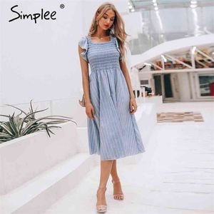 Simple Vintage Listrado Mulheres Vestido Longo Ruffle Roupa Blue Elegante Verão Vestido Casual Algodão Moda Feminina Beach Vestidos 210331