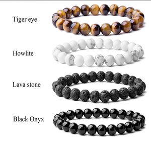 Pulseira Frisada 8mm Pedra Natural Grânulos Homens Semiprecioso Semiprecioso Black Onyx Lava Tigre Eye Healing para Mulheres Homens Jóias