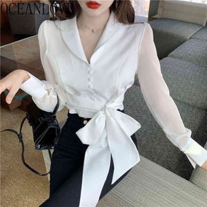 Bow Solid Transparent Women Tops and Blouses V Neck OL Elegant Korean Blusas Spring Puff Sleeve Shirt 14948 210415