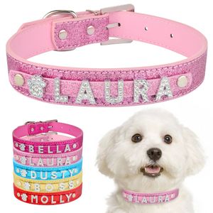 Personalized Dog Collar Leather Rhinestone Bling Charms Custom Pet Cat Name